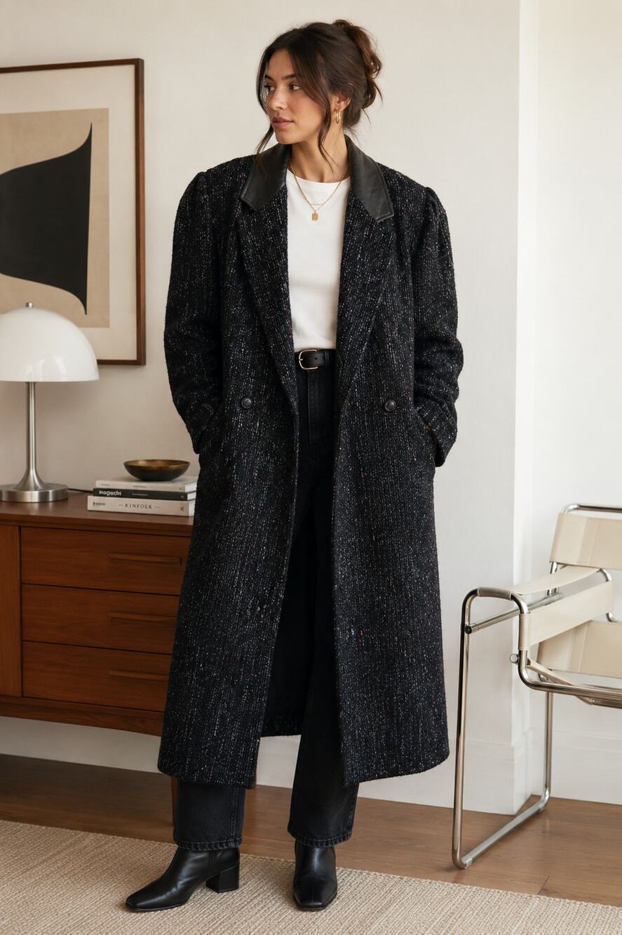 Vintage B.B.I. Wool Blend Tweed Coat L XL Leather Collar Pleated Shoulders ✨